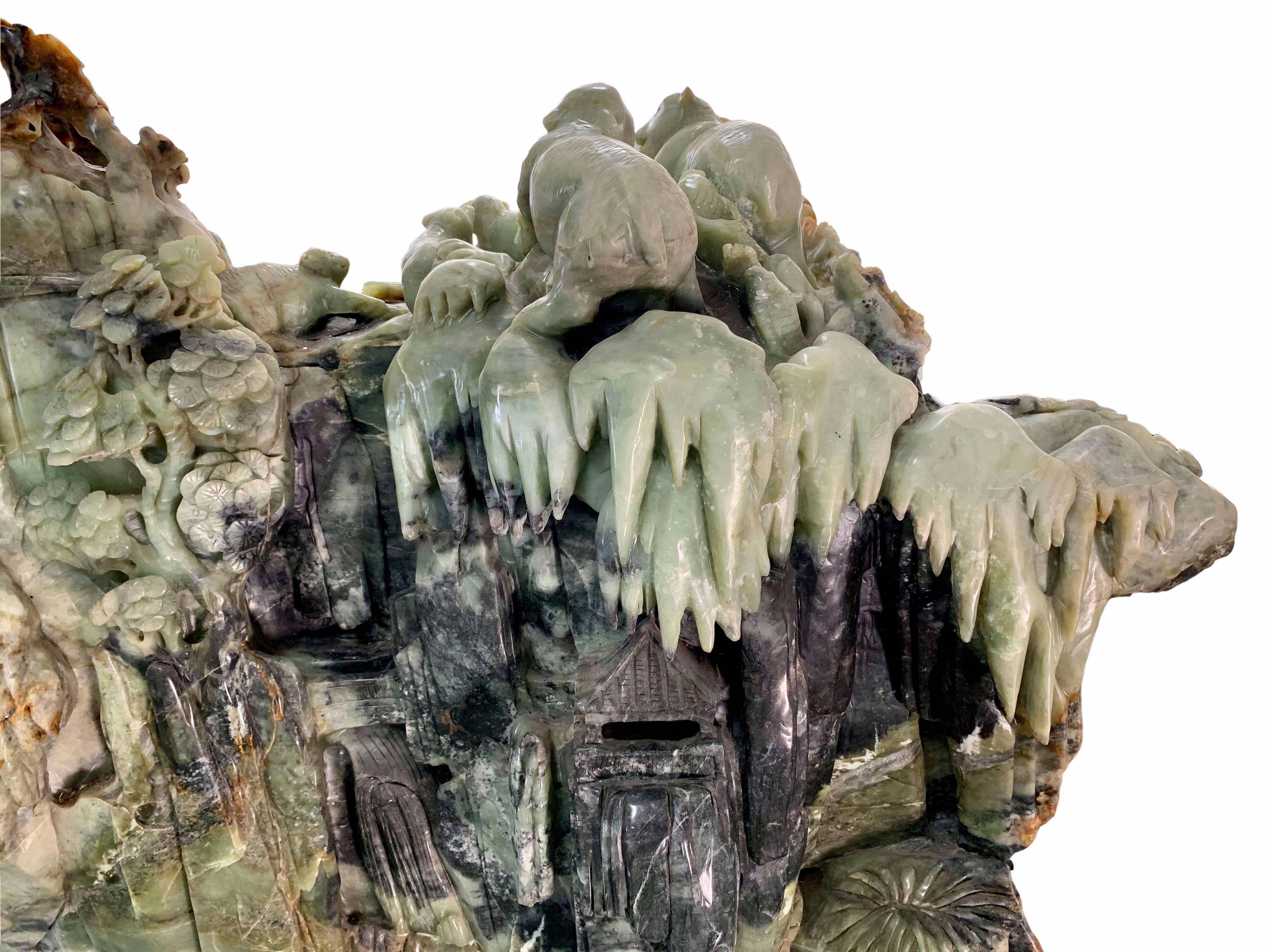 Monumental Chinese Carved Serpentine Mountain Sculpture For Sale 7