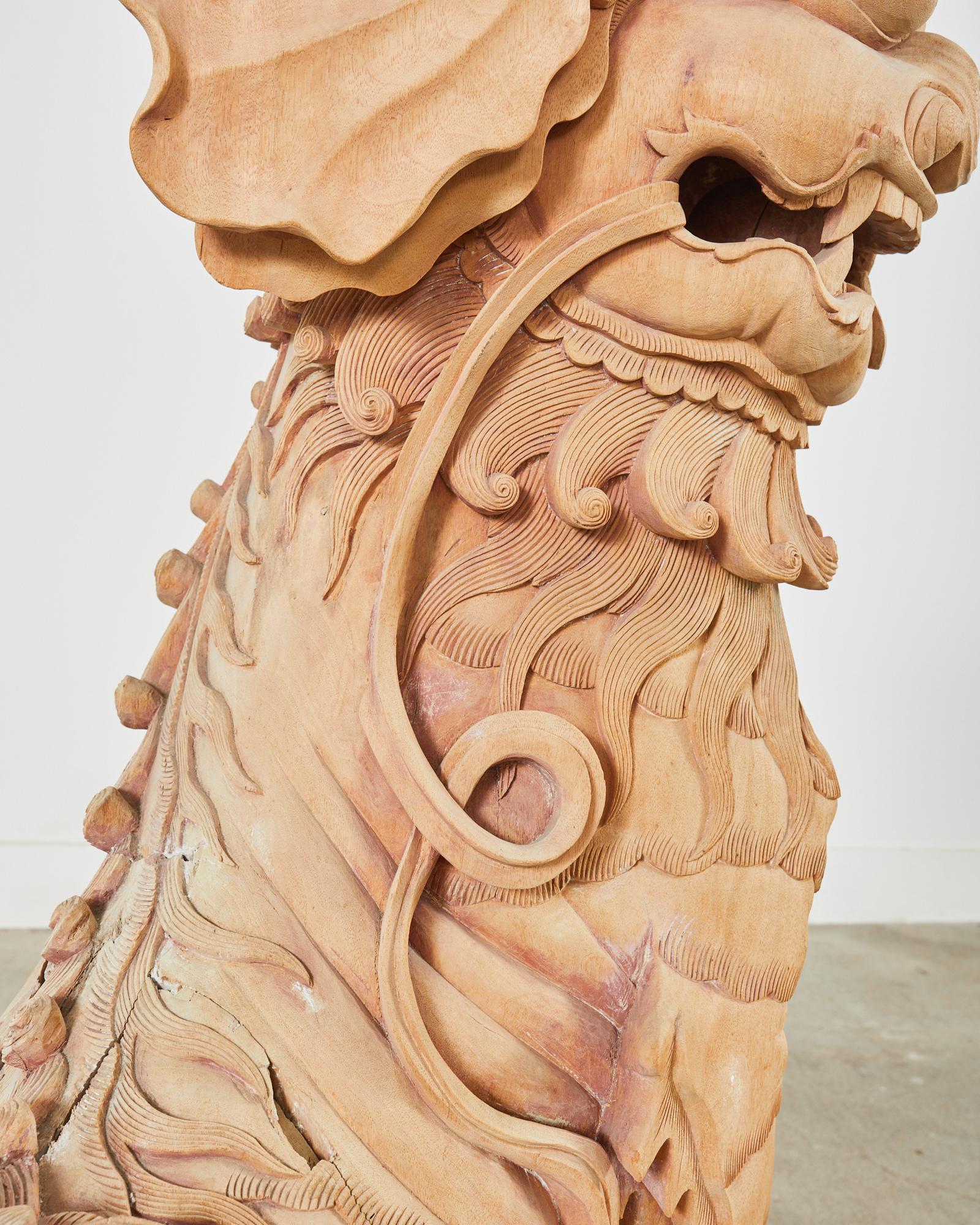 Monumental Chinese Carved Wooden Foo Dog Lion Temple Sculpture For Sale 3