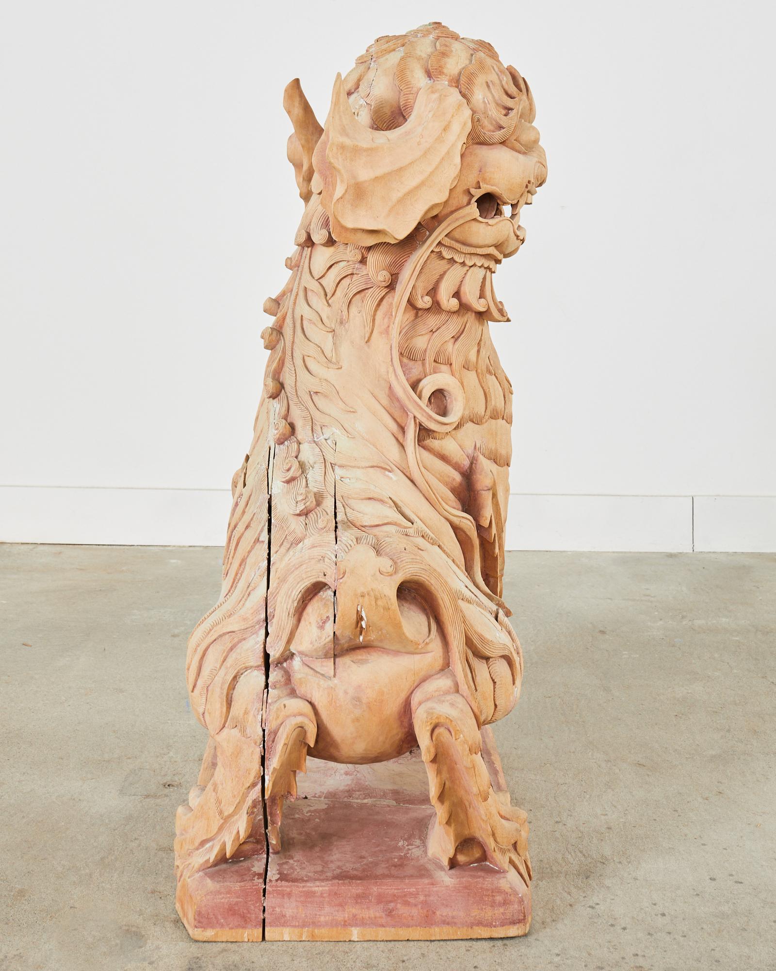 Monumental Chinese Carved Wooden Foo Dog Lion Temple Sculpture For Sale 4