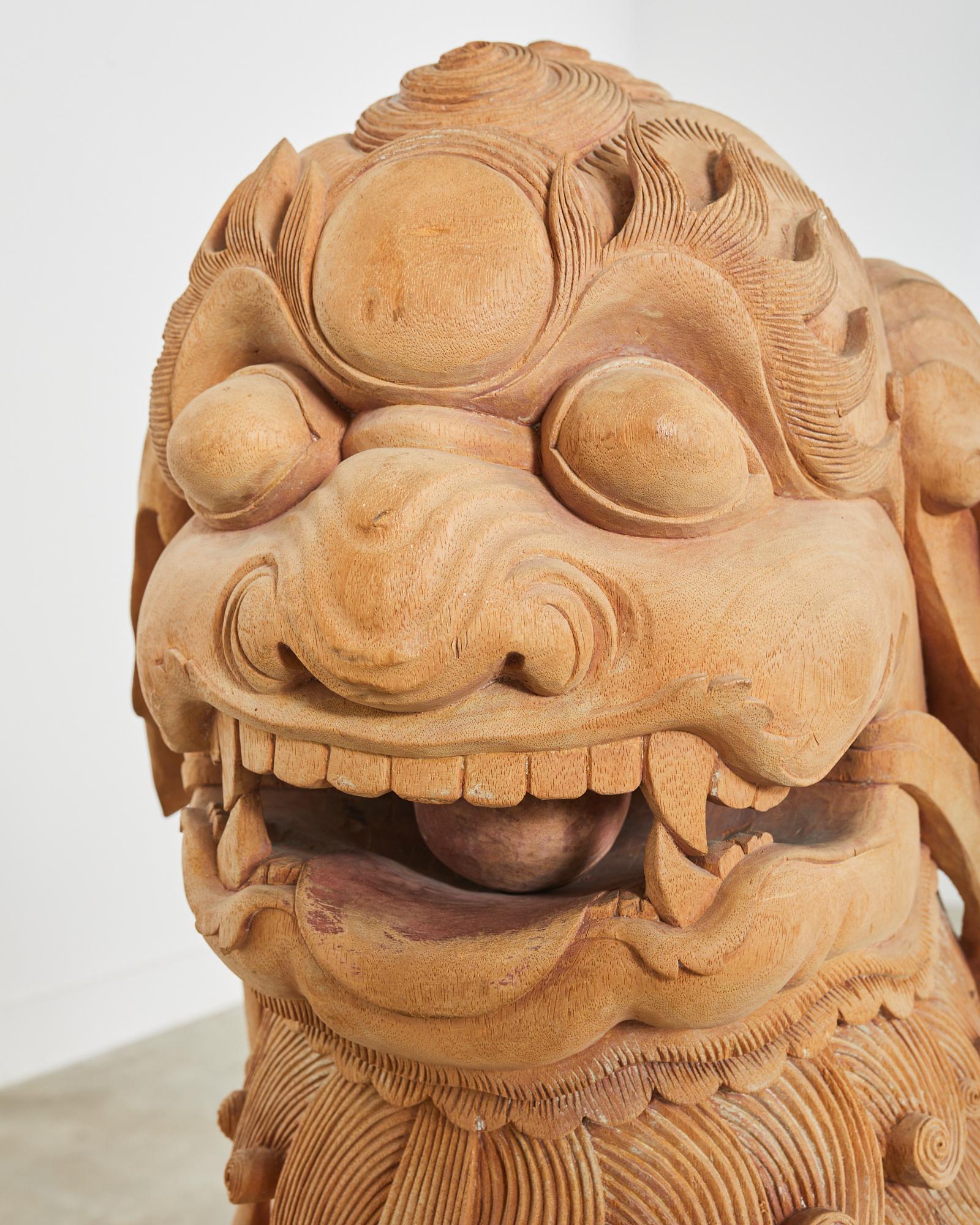 Monumental Chinese Carved Wooden Foo Dog Lion Temple Sculpture For Sale 13