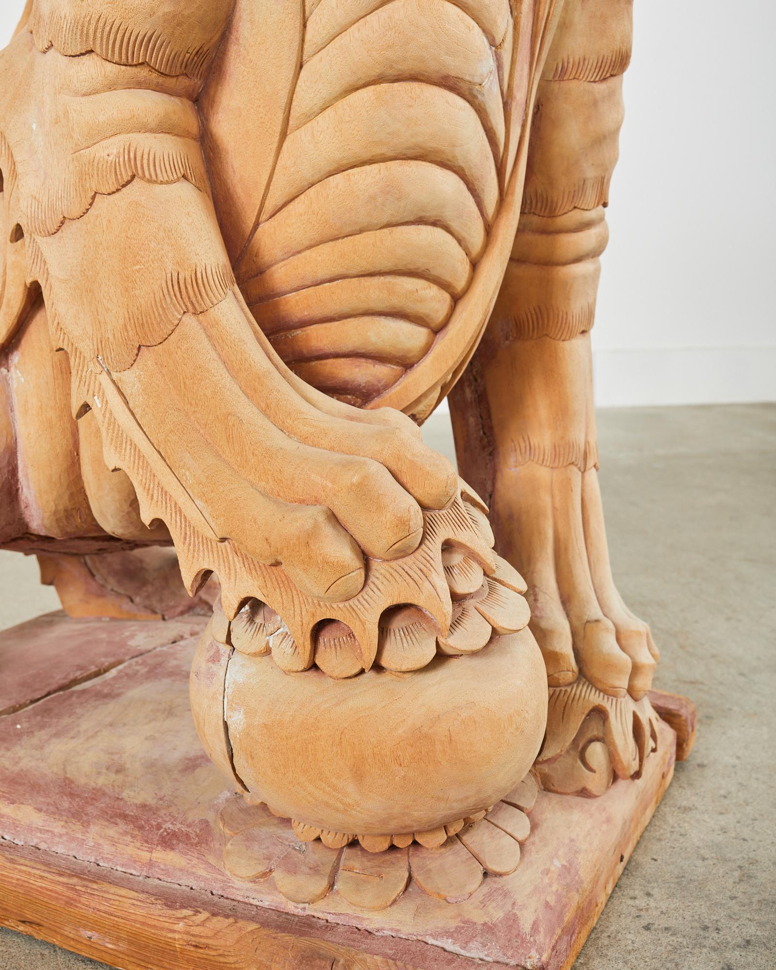 Monumental Chinese Carved Wooden Foo Dog Lion Temple Sculpture In Distressed Condition For Sale In Rio Vista, CA