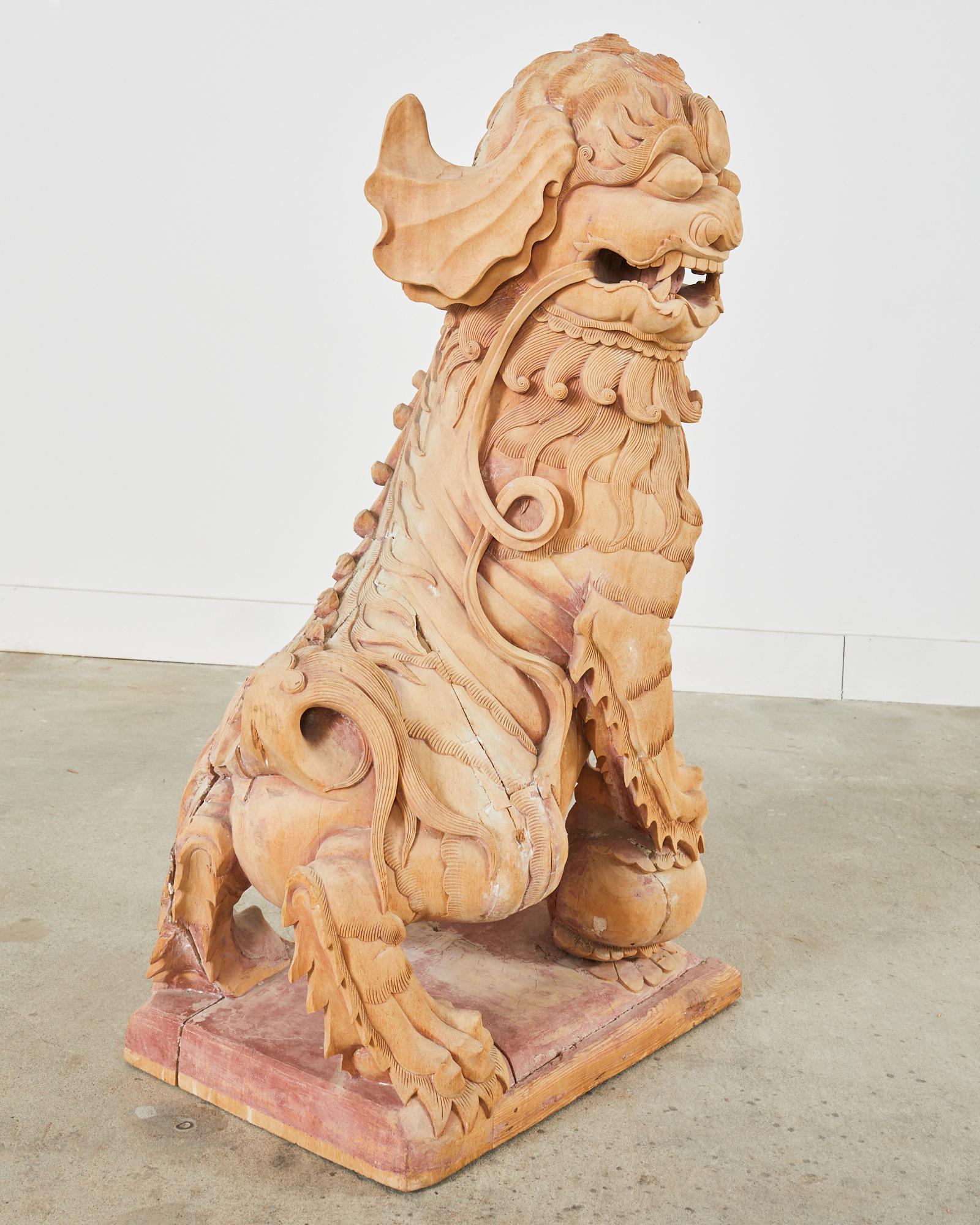 Monumental Chinese Carved Wooden Foo Dog Lion Temple Sculpture For Sale 1