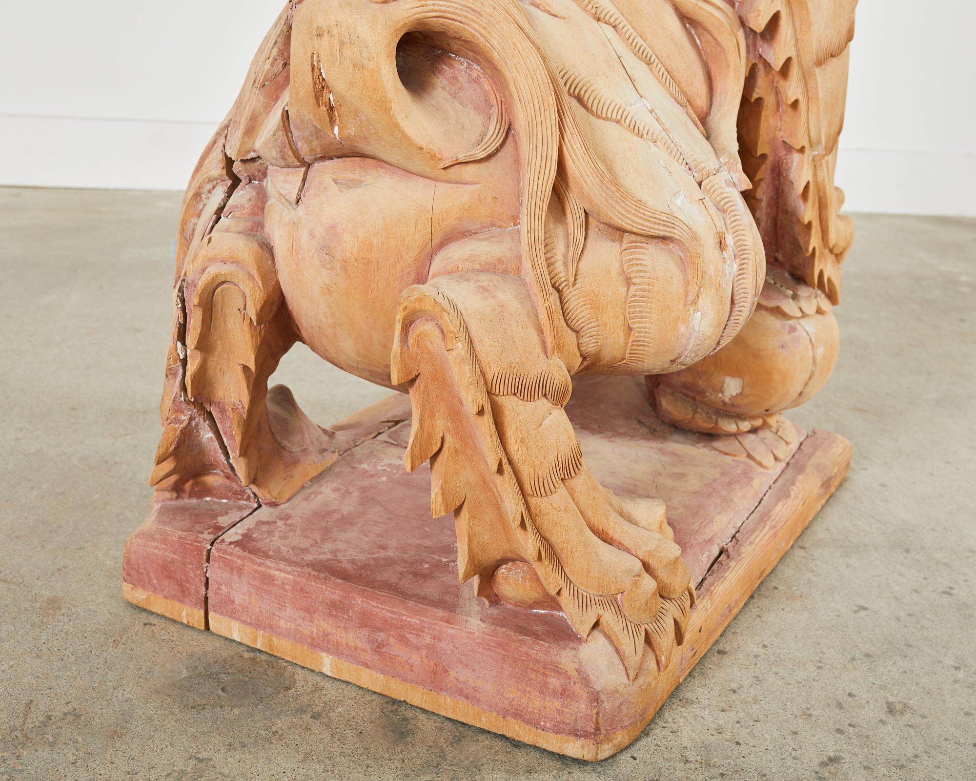 Monumental Chinese Carved Wooden Foo Dog Lion Temple Sculpture For Sale 2