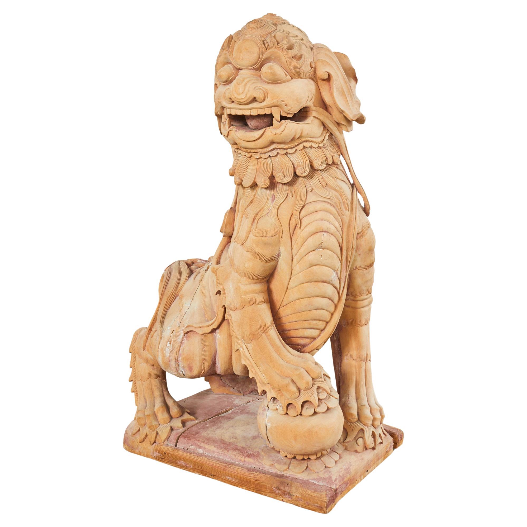 Monumental Chinese Carved Wooden Foo Dog Lion Temple Sculpture