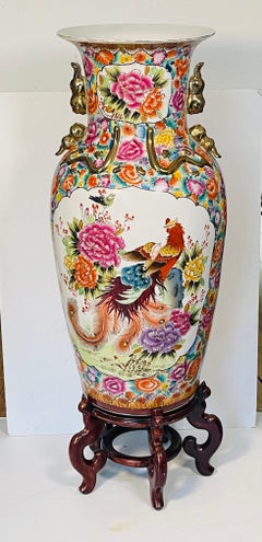 Monumental Chinese Chinoiserie Famille Rose Porcelain Floor Vase with Phoenix Bi