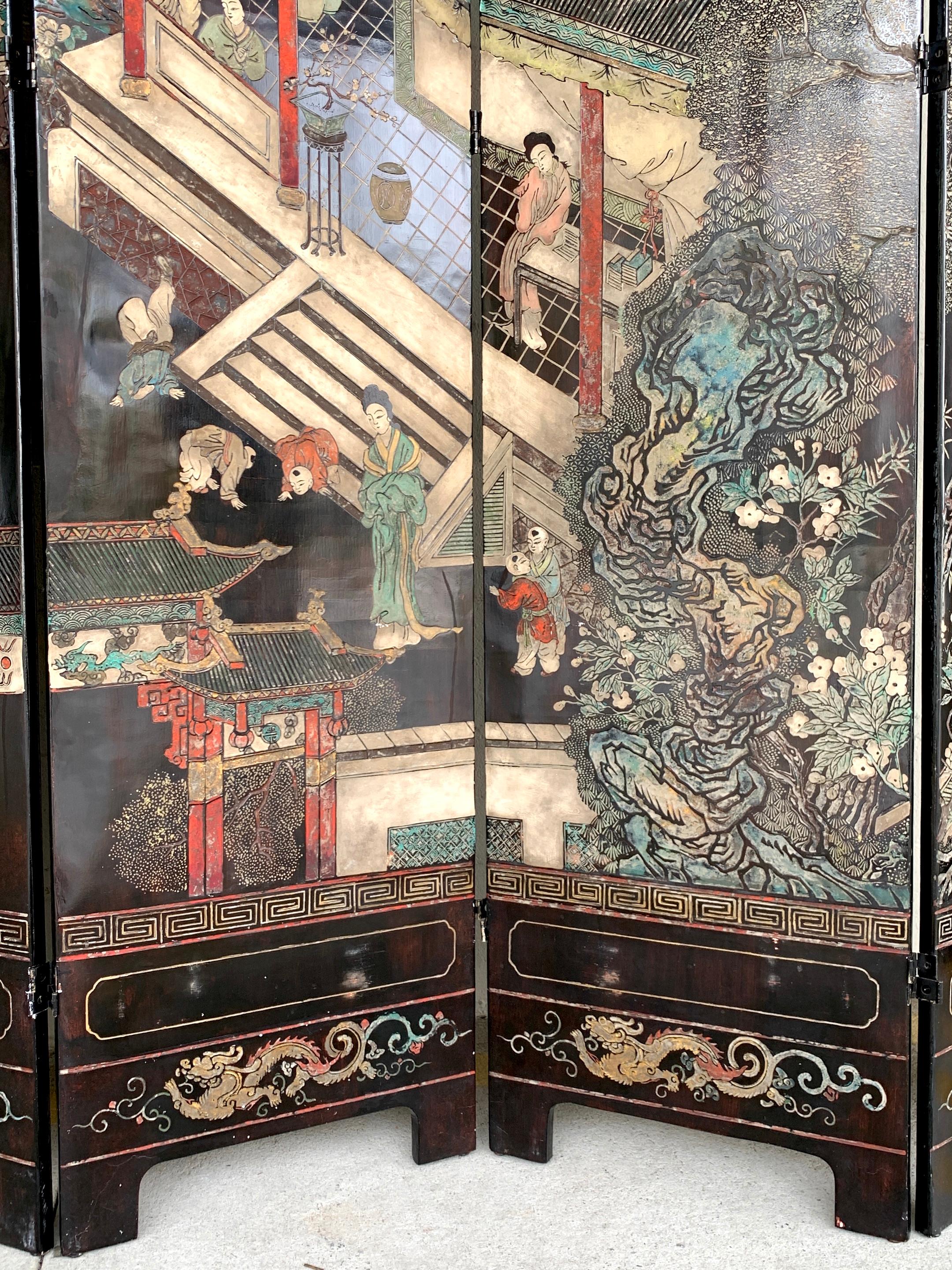 Polychromed Monumental Chinese Coromandel Kuancai Screen For Sale