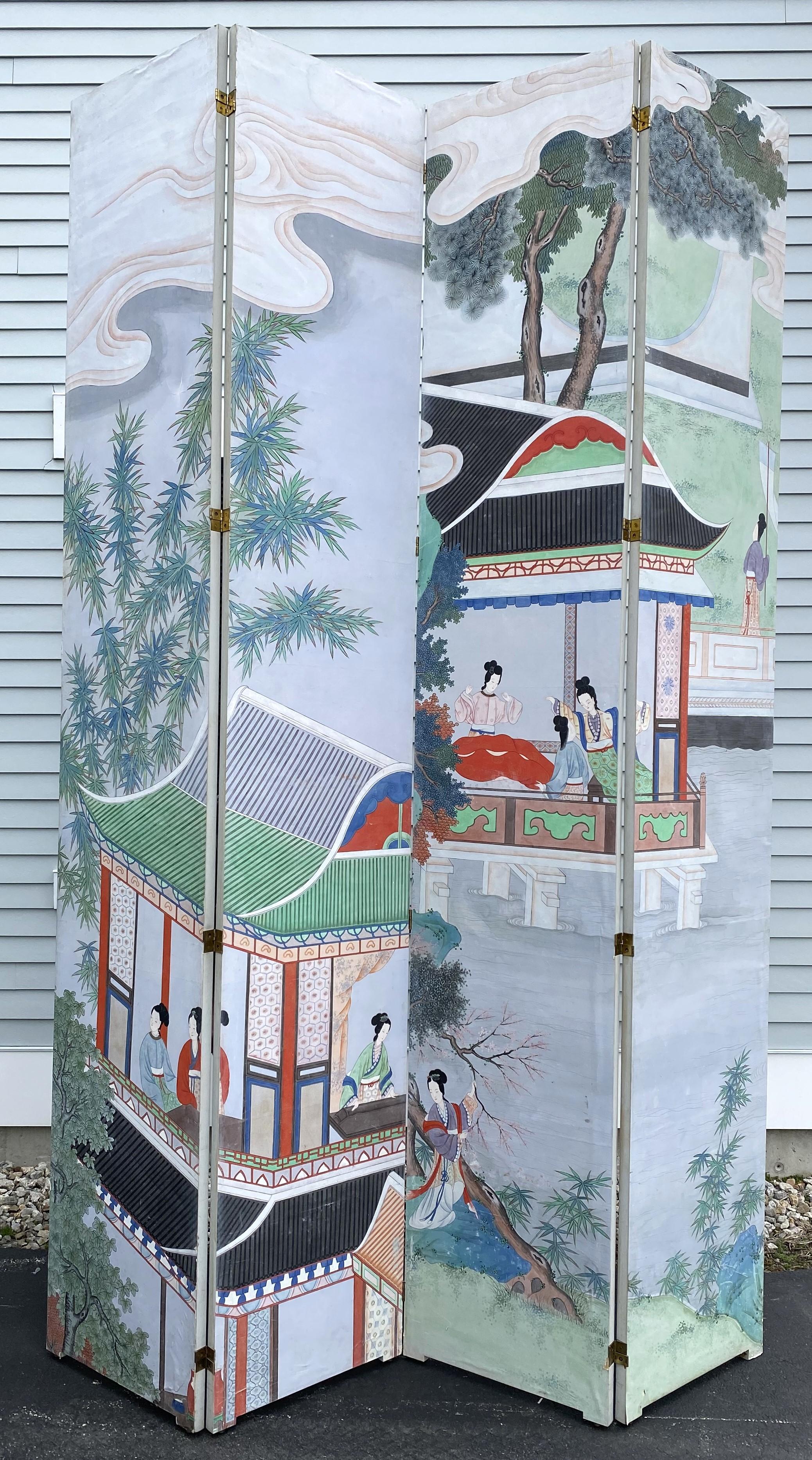 Monumental Chinese Early to Mid 20th Century Hand Painted 4 Panel Folding Screen For Sale 9