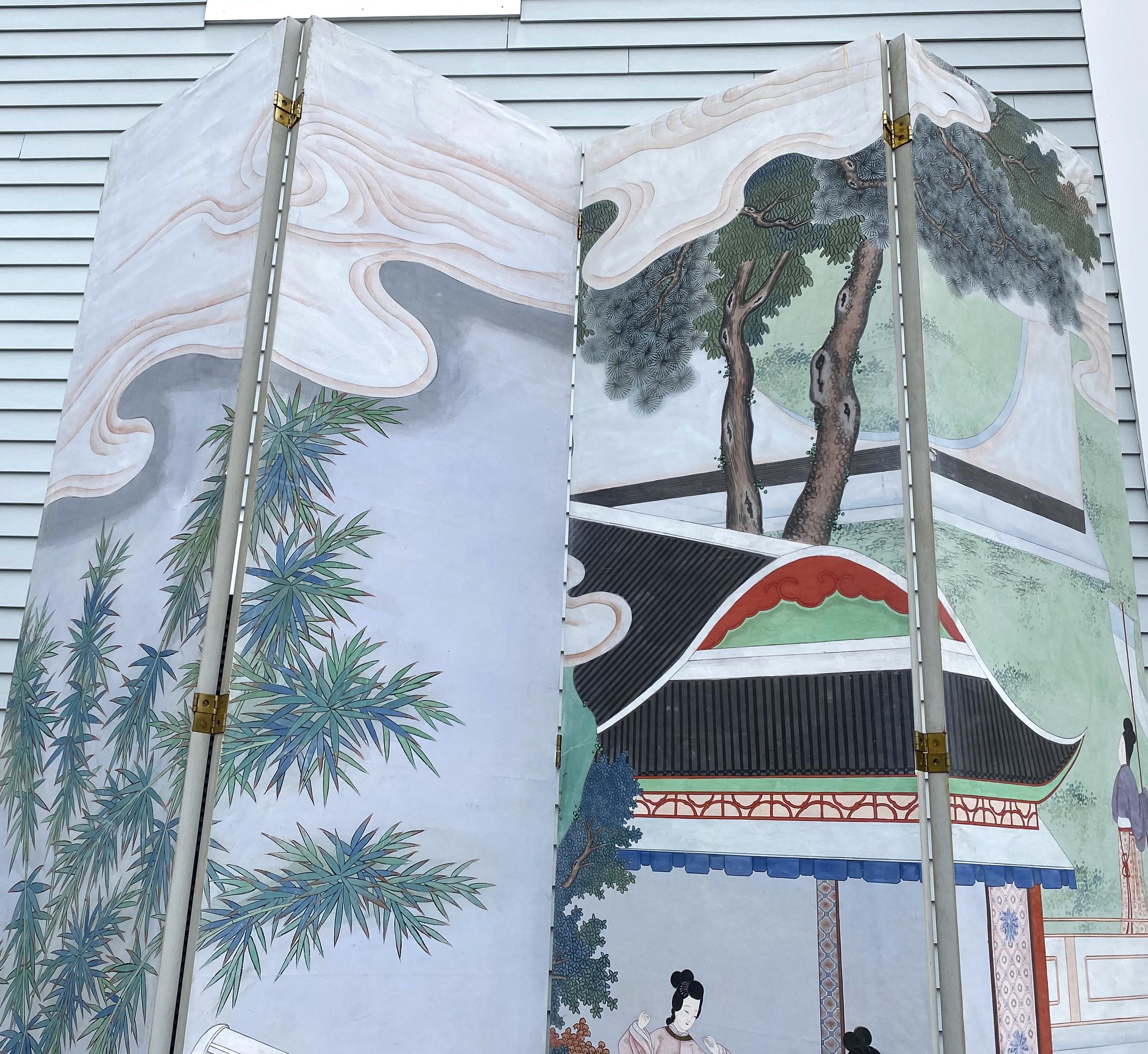 Monumentale chinesische Anfang bis Mitte des 20. Jahrhunderts Hand gemalt 4 Panel Folding Screen im Angebot 10