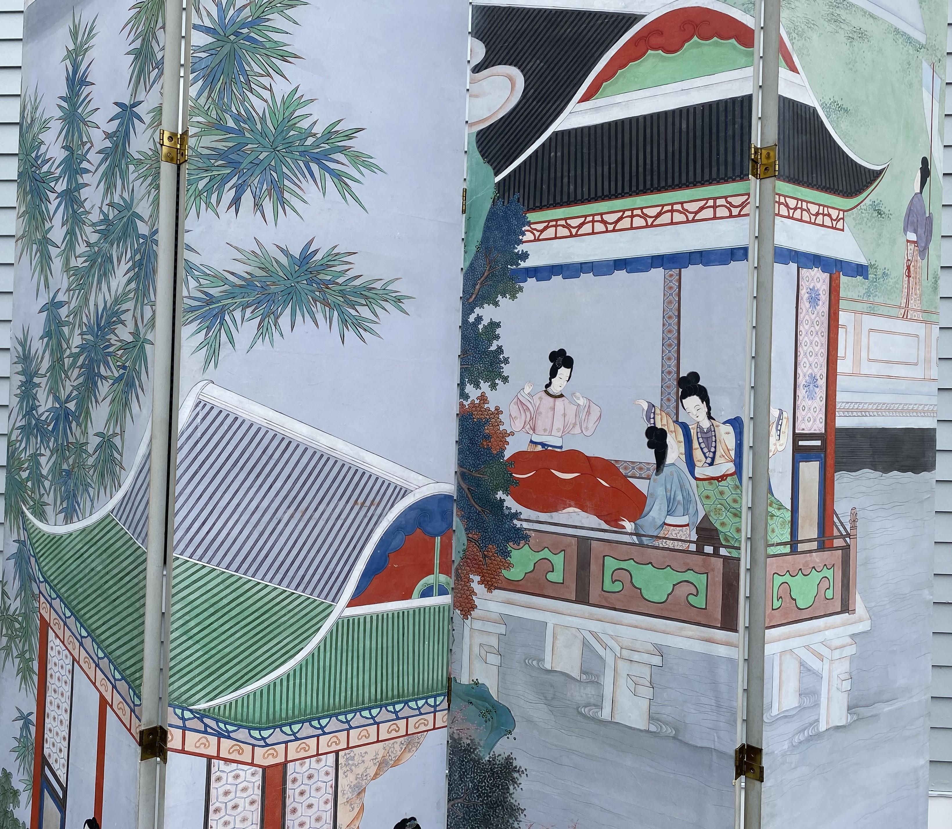 Monumental Chinese Early to Mid 20th Century Hand Painted 4 Panel Folding Screen For Sale 12