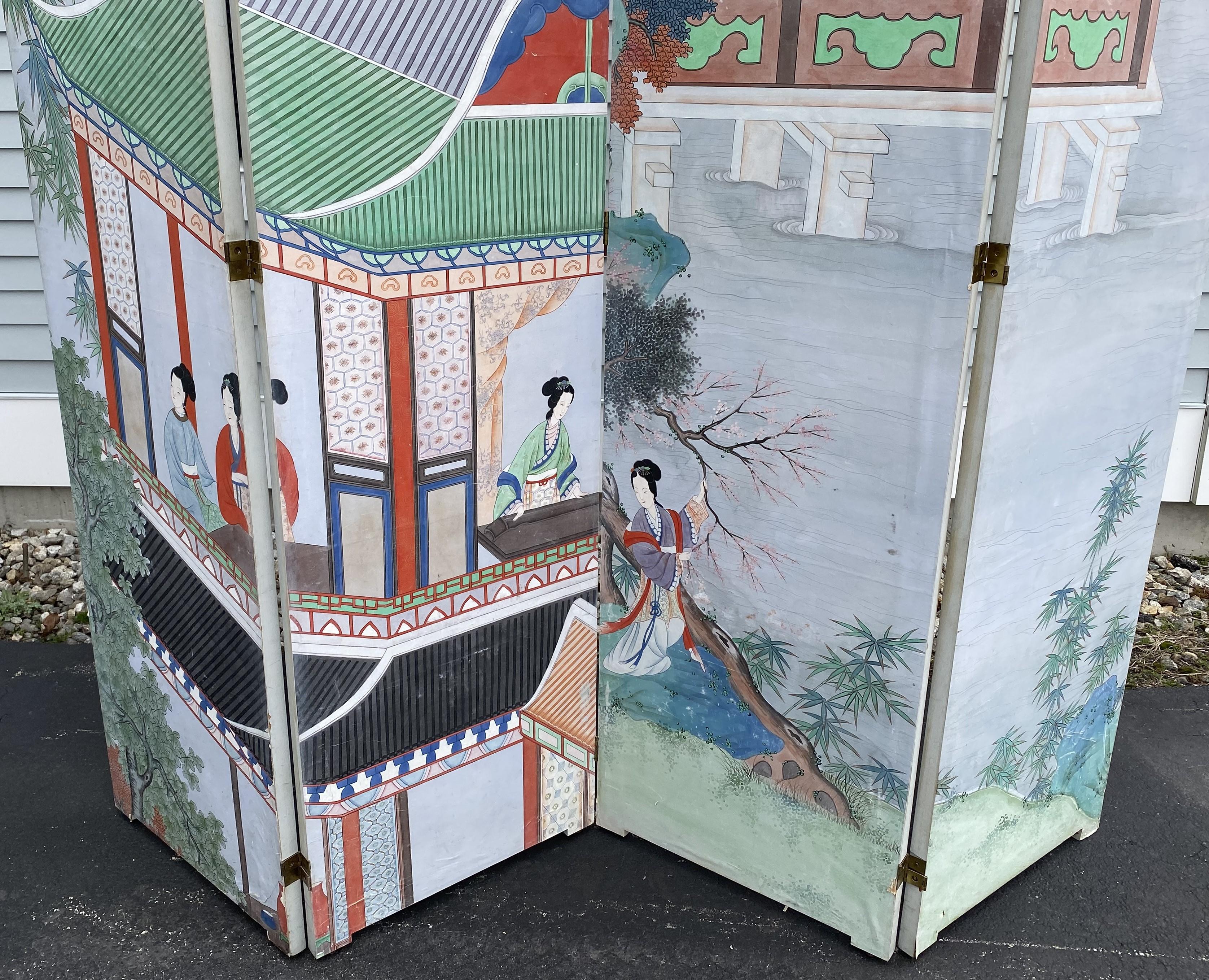 Monumental Chinese Early to Mid 20th Century Hand Painted 4 Panel Folding Screen For Sale 13