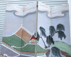 Monumental Chinese Early to Mid 20th Century Hand Painted 4 Panel Folding Screen