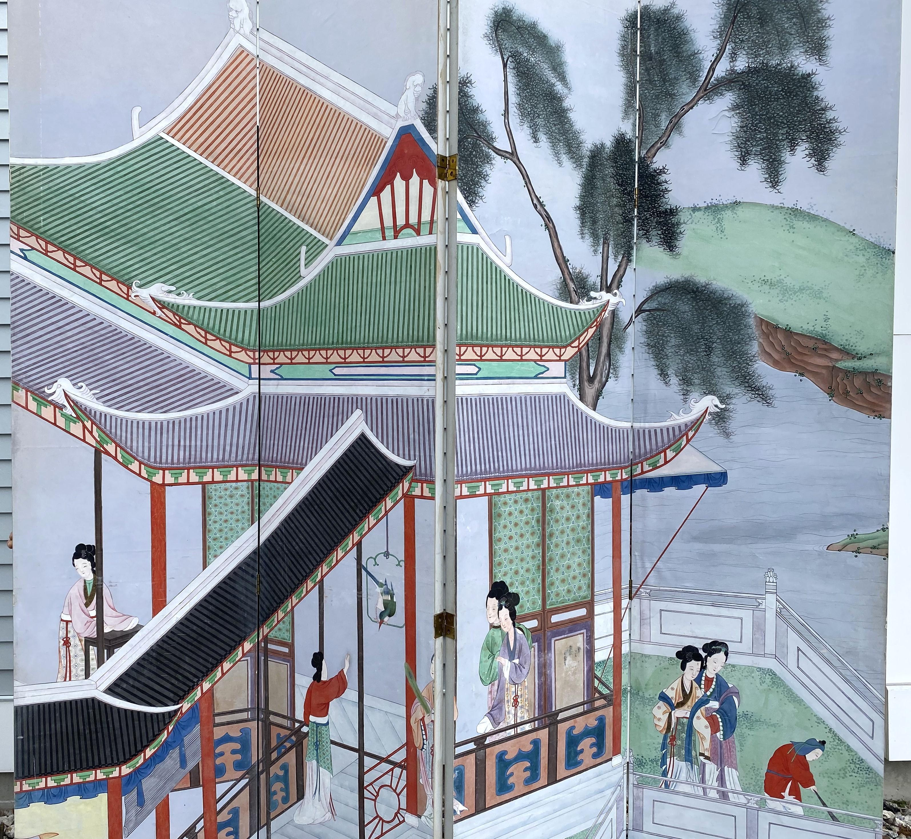 Monumentale chinesische Anfang bis Mitte des 20. Jahrhunderts Hand gemalt 4 Panel Folding Screen (Chinesisch) im Angebot