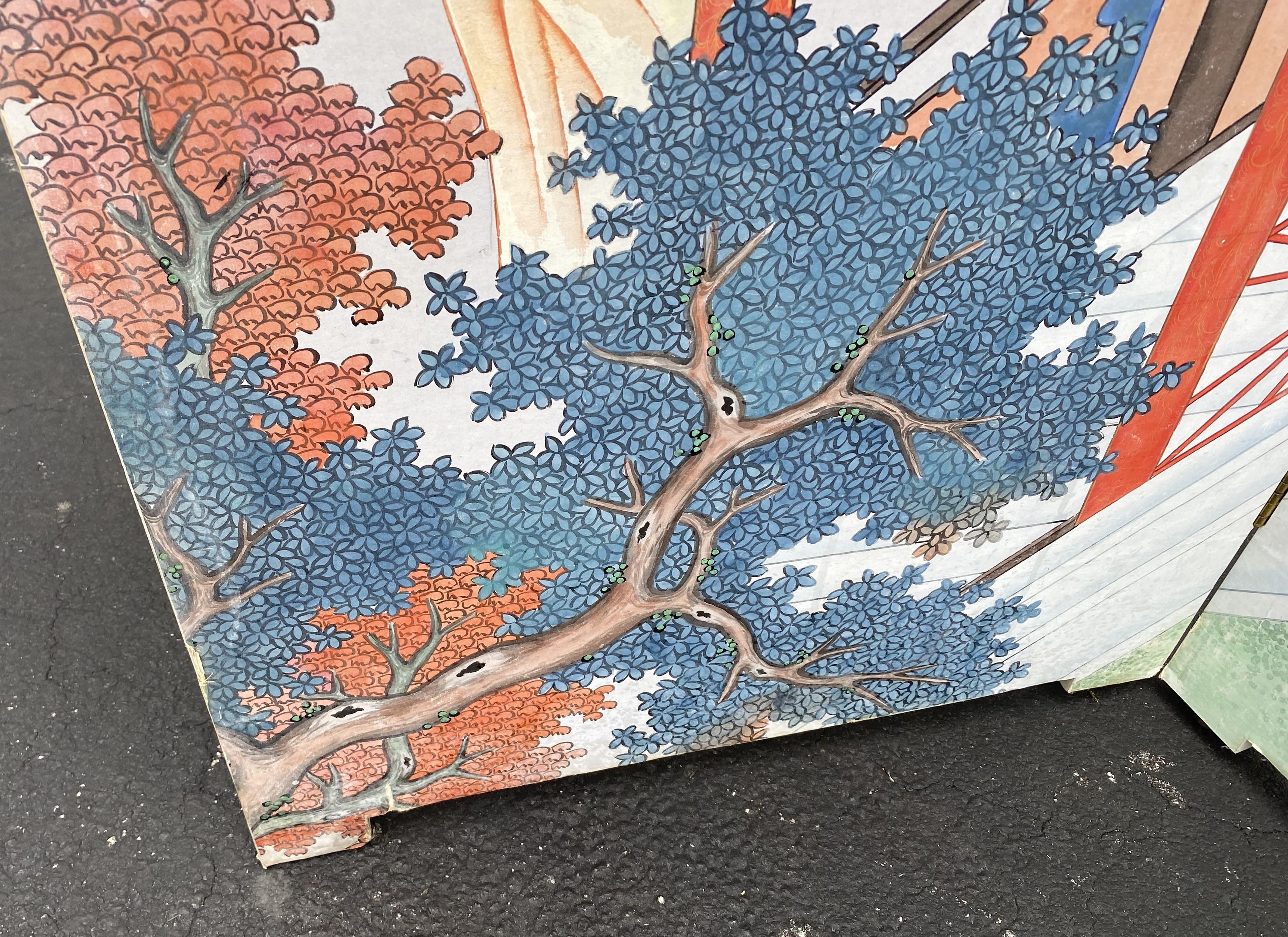 Monumentale chinesische Anfang bis Mitte des 20. Jahrhunderts Hand gemalt 4 Panel Folding Screen im Zustand „Gut“ im Angebot in Milford, NH