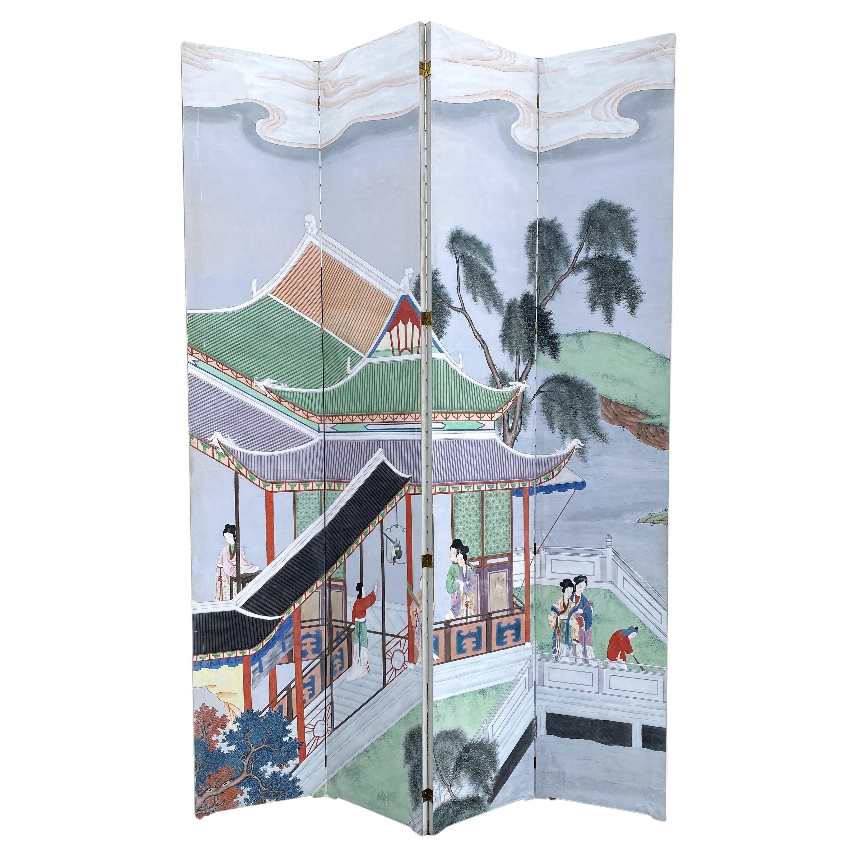Monumental Chinese Early to Mid 20th Century Hand Painted 4 Panel Folding Screen For Sale
