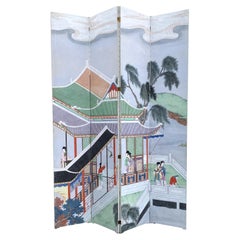 Used Monumental Chinese Early to Mid 20th Century Hand Painted 4 Panel Folding Screen