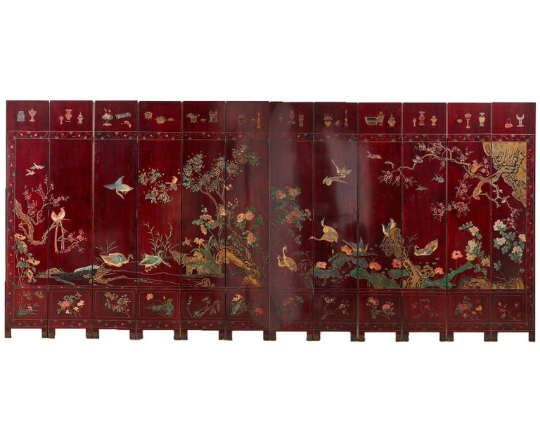 Monumental Chinese Export Twelve-Panel Lacquered Coromandel Screen For Sale 10