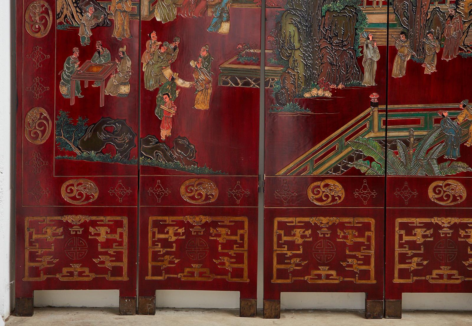 Monumentaler chinesischer Export-Coromandel-Raumteiler mit zwölf Paneelen, lackiert (Holz) im Angebot