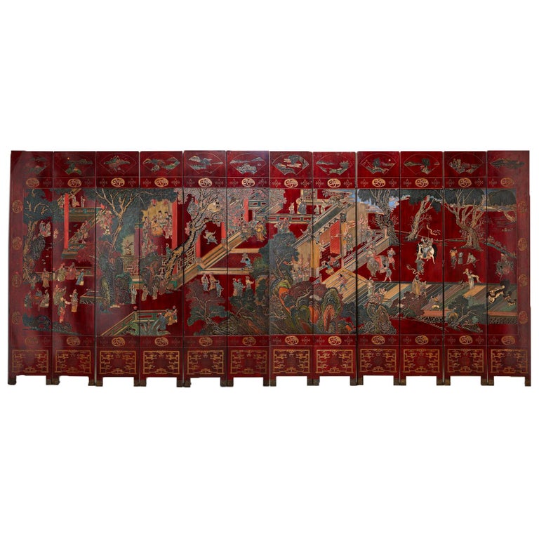 Monumental Chinese Export Twelve-Panel Lacquered Coromandel Screen For Sale