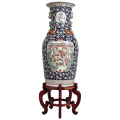 Antique Monumental Chinese Famille Rose Hand Painted Enamel Porcelain Vase & Wood Stand