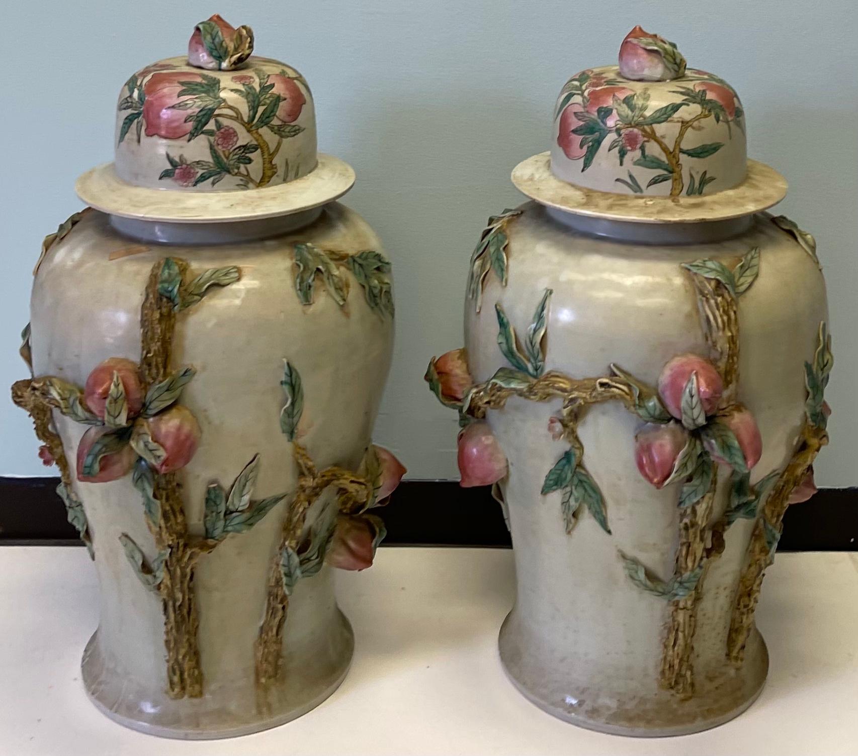 20th Century Monumental Chinese Ginger Jars with Fruit and Faux Bois Foliate, Pair