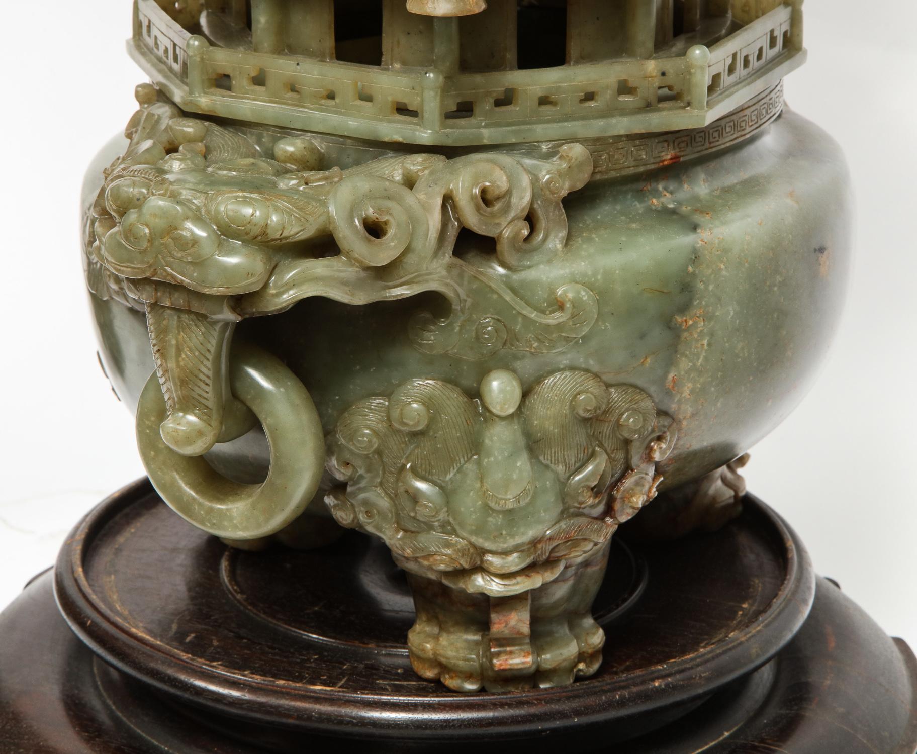 Monumental Chinese Serpentine Jade Carved Pagoda Censer, Early 20th Century For Sale 8