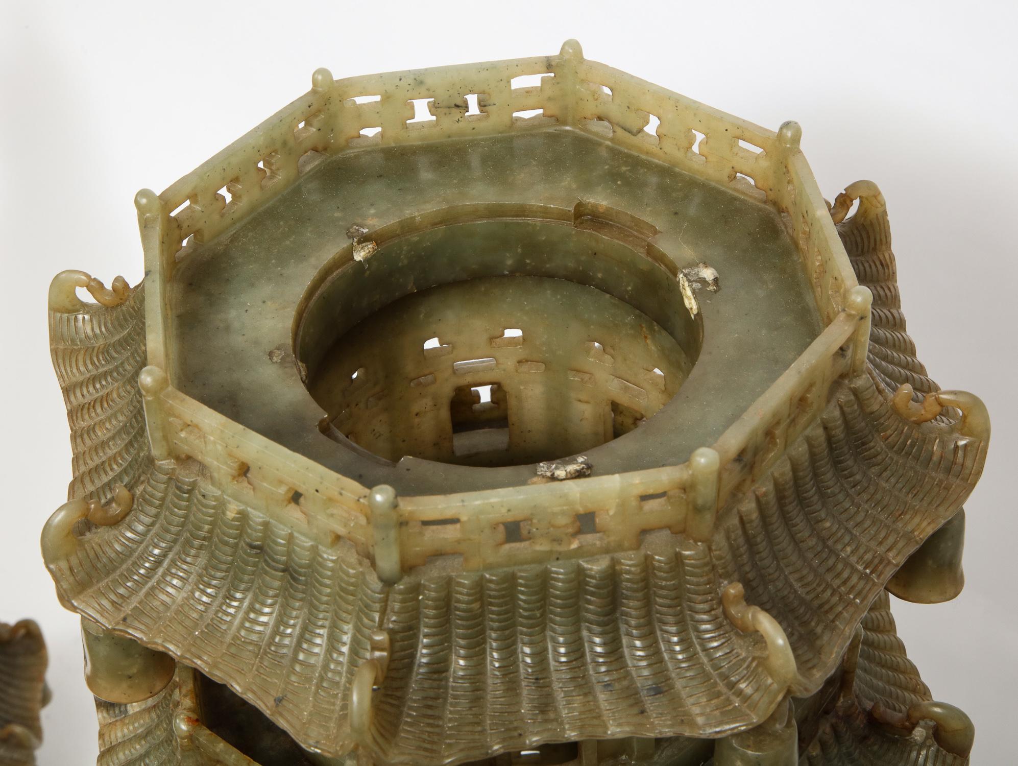 Monumental Chinese Serpentine Jade Carved Pagoda Censer, Early 20th Century For Sale 9