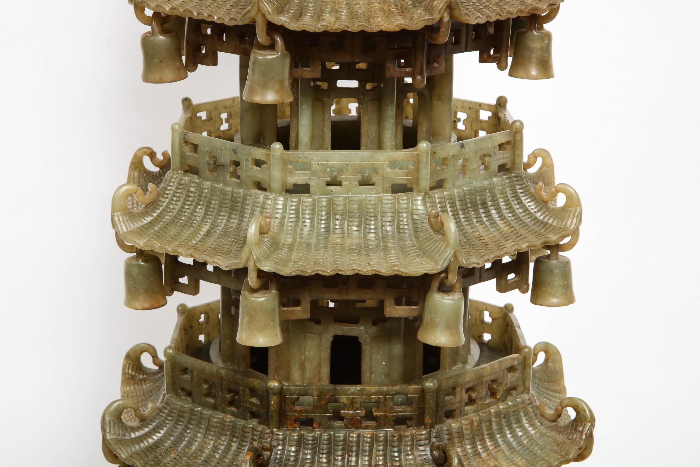 Qing Monumental Chinese Serpentine Jade Carved Pagoda Censer, Early 20th Century For Sale