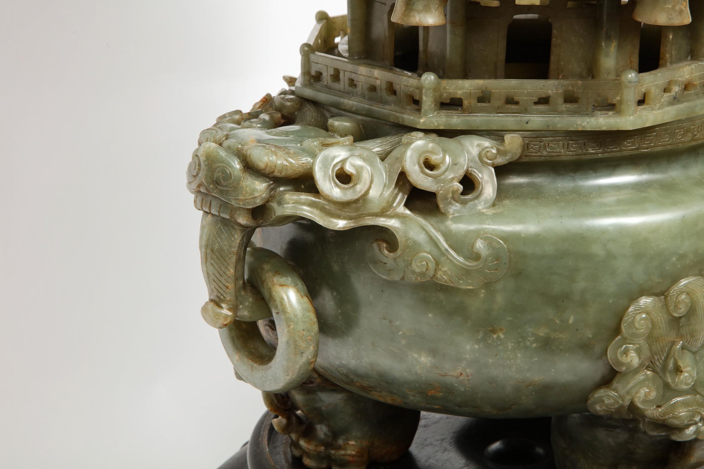 Monumental Chinese Serpentine Jade Carved Pagoda Censer, Early 20th Century In Good Condition In New York, NY