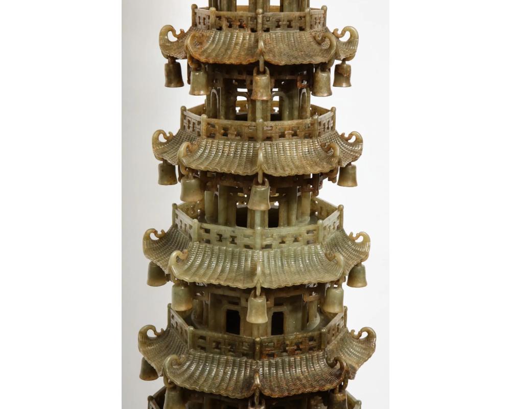 Monumental Chinese Green Translucent Serpentine Jade Carved Pagoda Censer For Sale 6