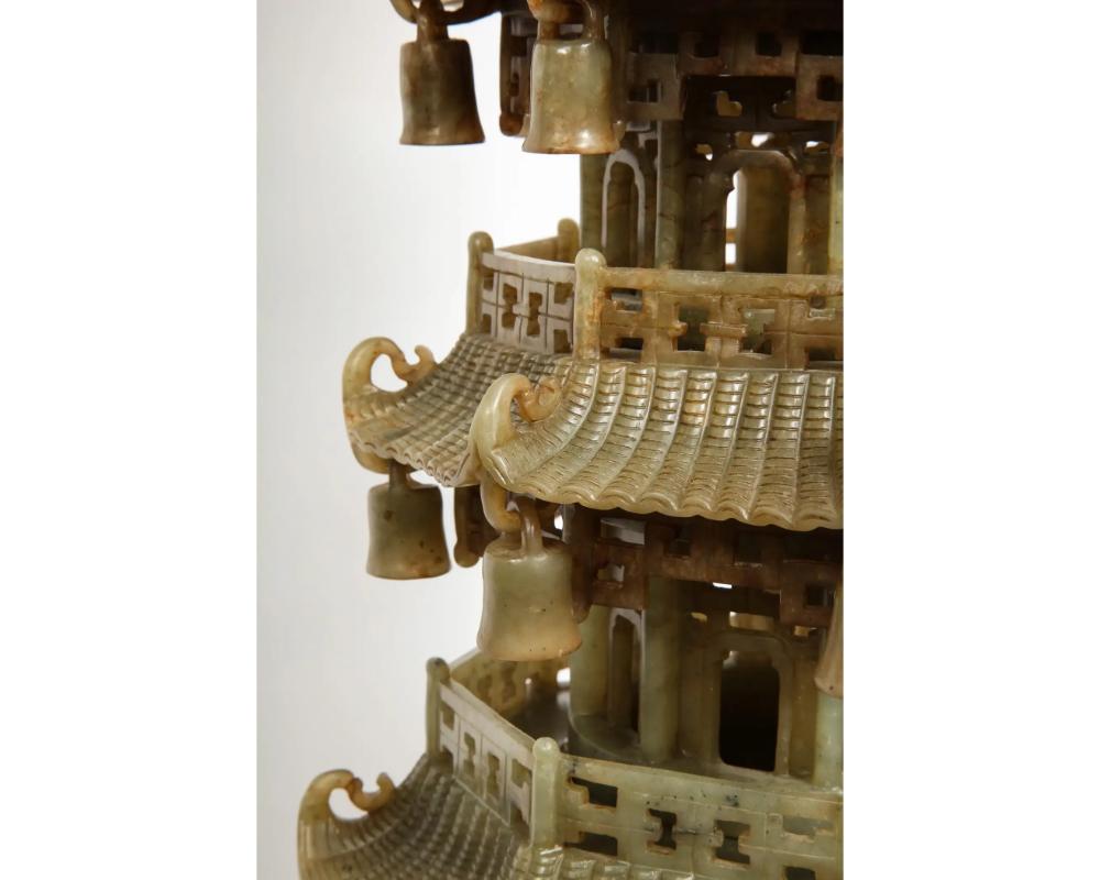 Monumental Chinese Green Translucent Serpentine Jade Carved Pagoda Censer For Sale 7