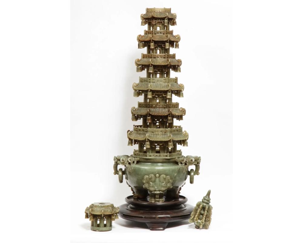 Monumental Chinese Green Translucent Serpentine Jade Carved Pagoda Censer For Sale 8