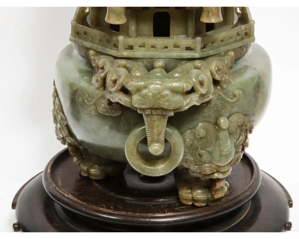 Monumental Chinese Green Translucent Serpentine Jade Carved Pagoda Censer For Sale 10