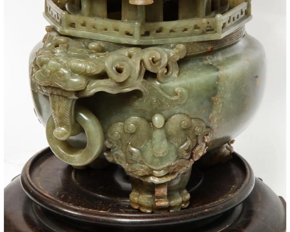 Monumental Chinese Green Translucent Serpentine Jade Carved Pagoda Censer For Sale 11