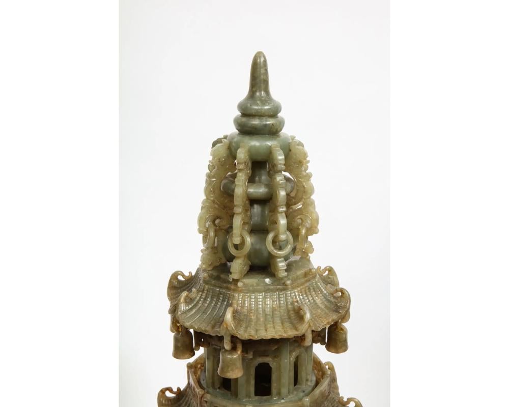 Monumental Chinese Green Translucent Serpentine Jade Carved Pagoda Censer For Sale 13
