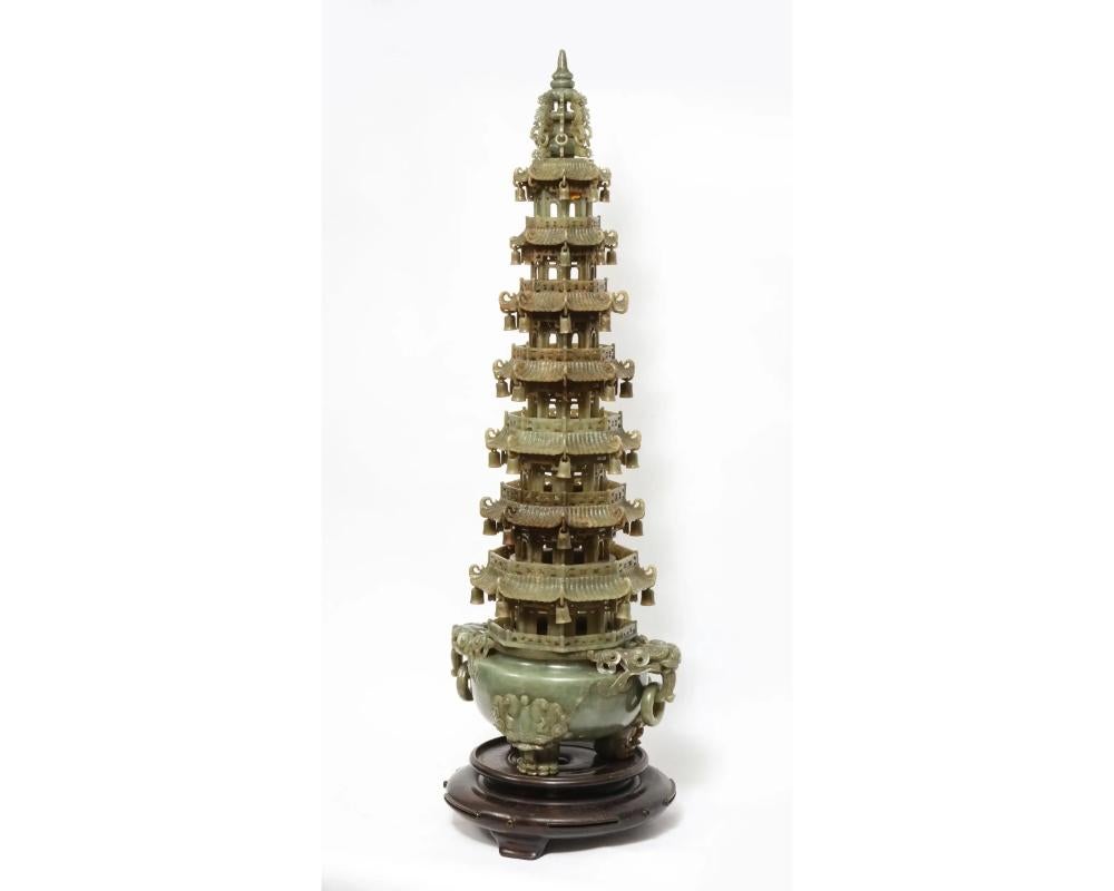 20th Century Monumental Chinese Green Translucent Serpentine Jade Carved Pagoda Censer For Sale