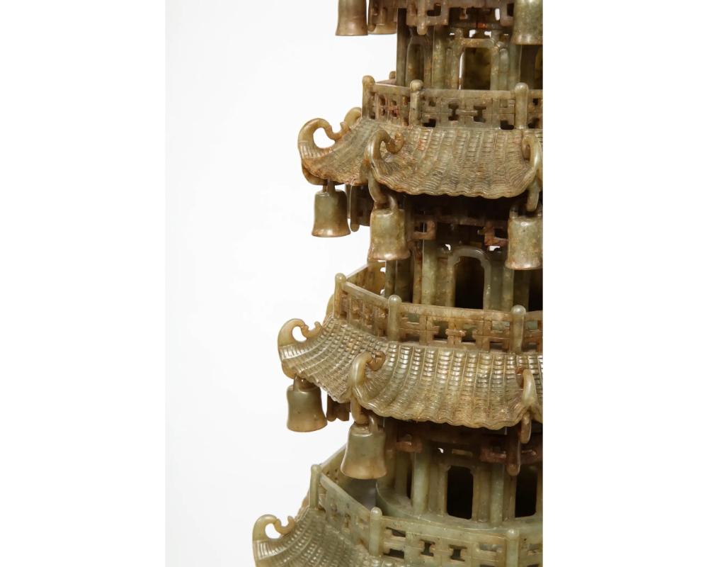 Monumental Chinese Green Translucent Serpentine Jade Carved Pagoda Censer For Sale 1