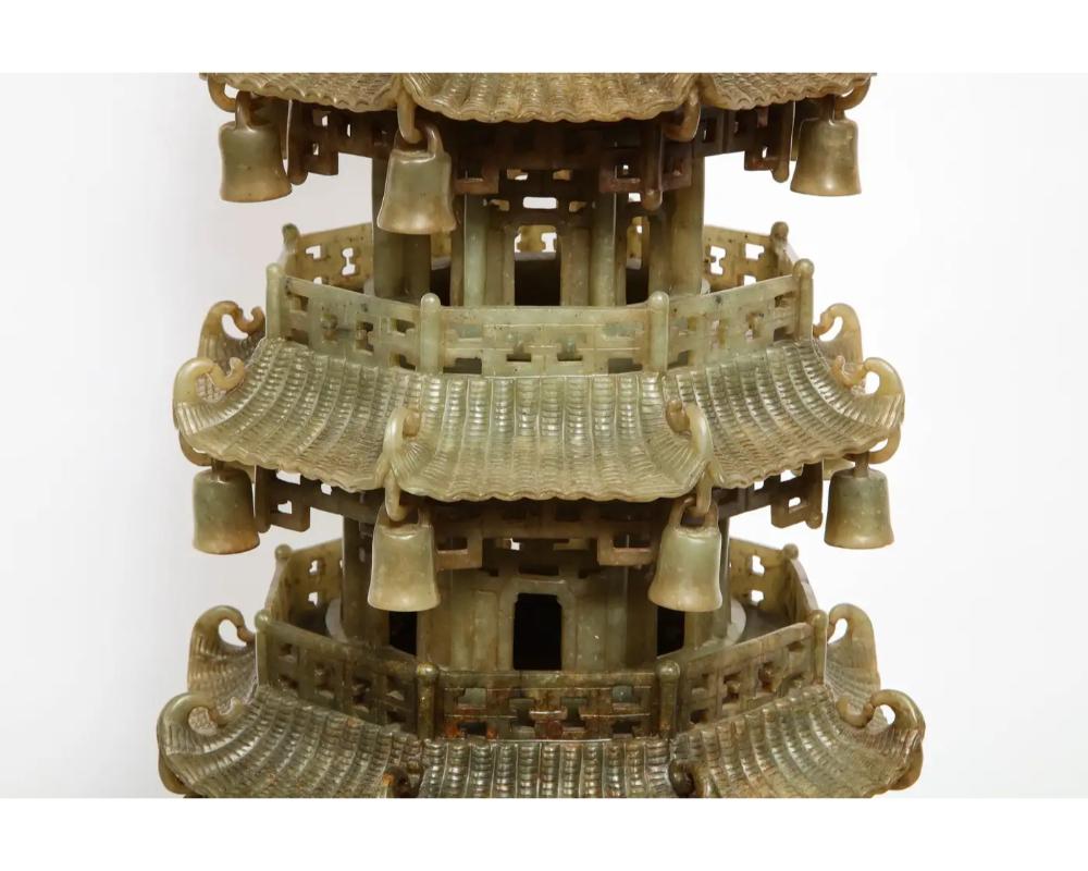 Monumental Chinese Green Translucent Serpentine Jade Carved Pagoda Censer For Sale 2