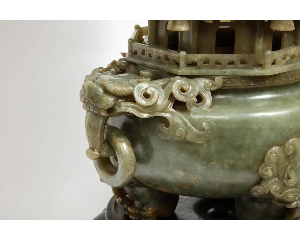 Monumental Chinese Green Translucent Serpentine Jade Carved Pagoda Censer For Sale 3