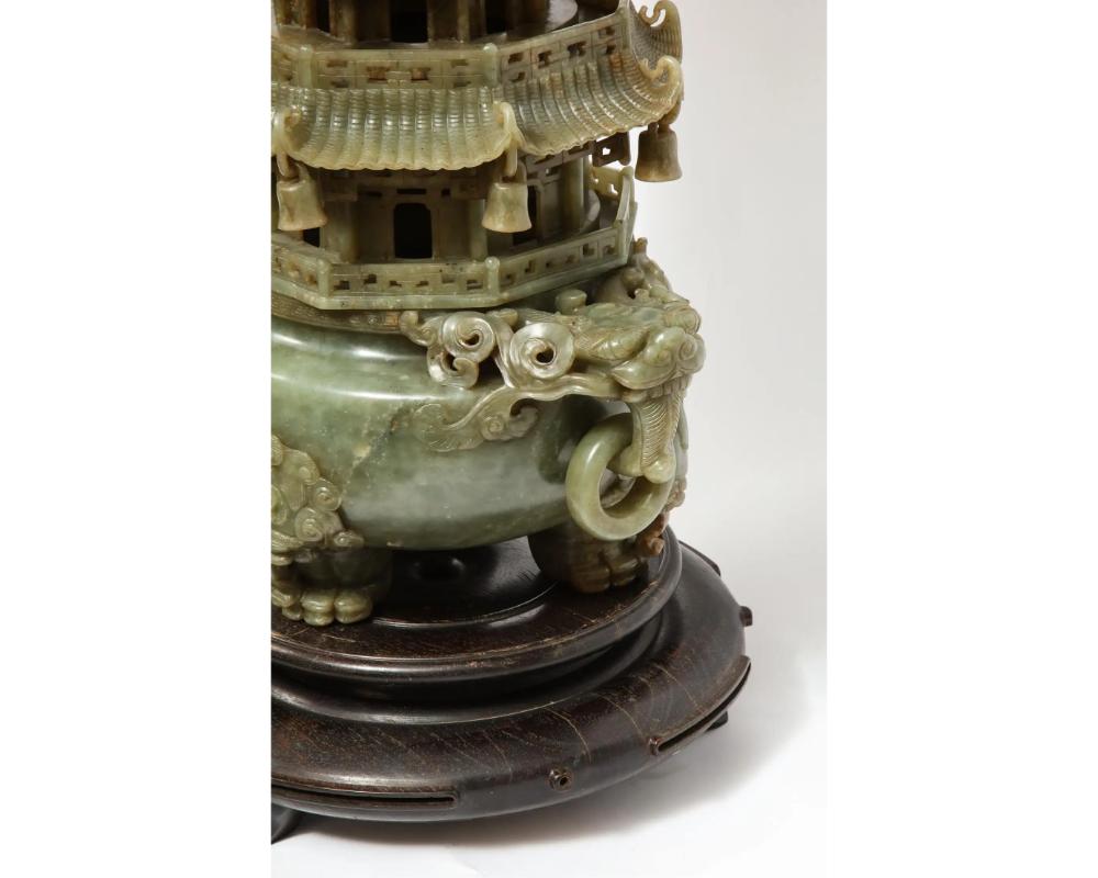 Monumental Chinese Green Translucent Serpentine Jade Carved Pagoda Censer For Sale 4