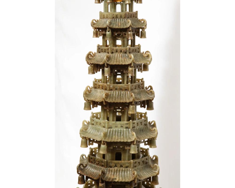 Monumental Chinese Green Translucent Serpentine Jade Carved Pagoda Censer For Sale 5