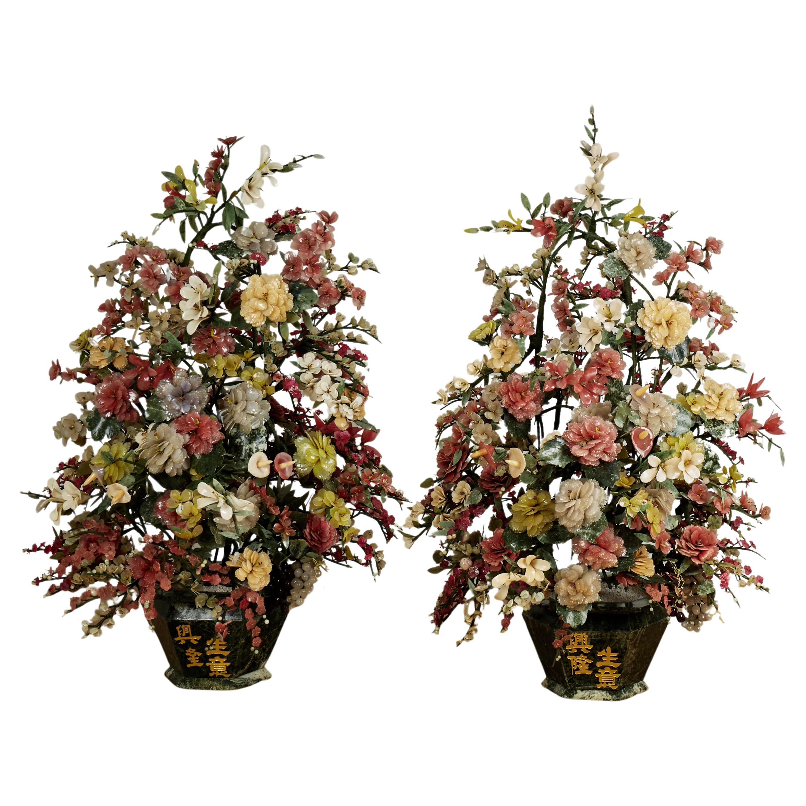 Monumental Chinese Jade, Stone and Glass Flower Arrangements