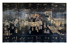 Monumental Chinese Lacquered 8-Panel Coromandel Screen Depicting Court Scenes