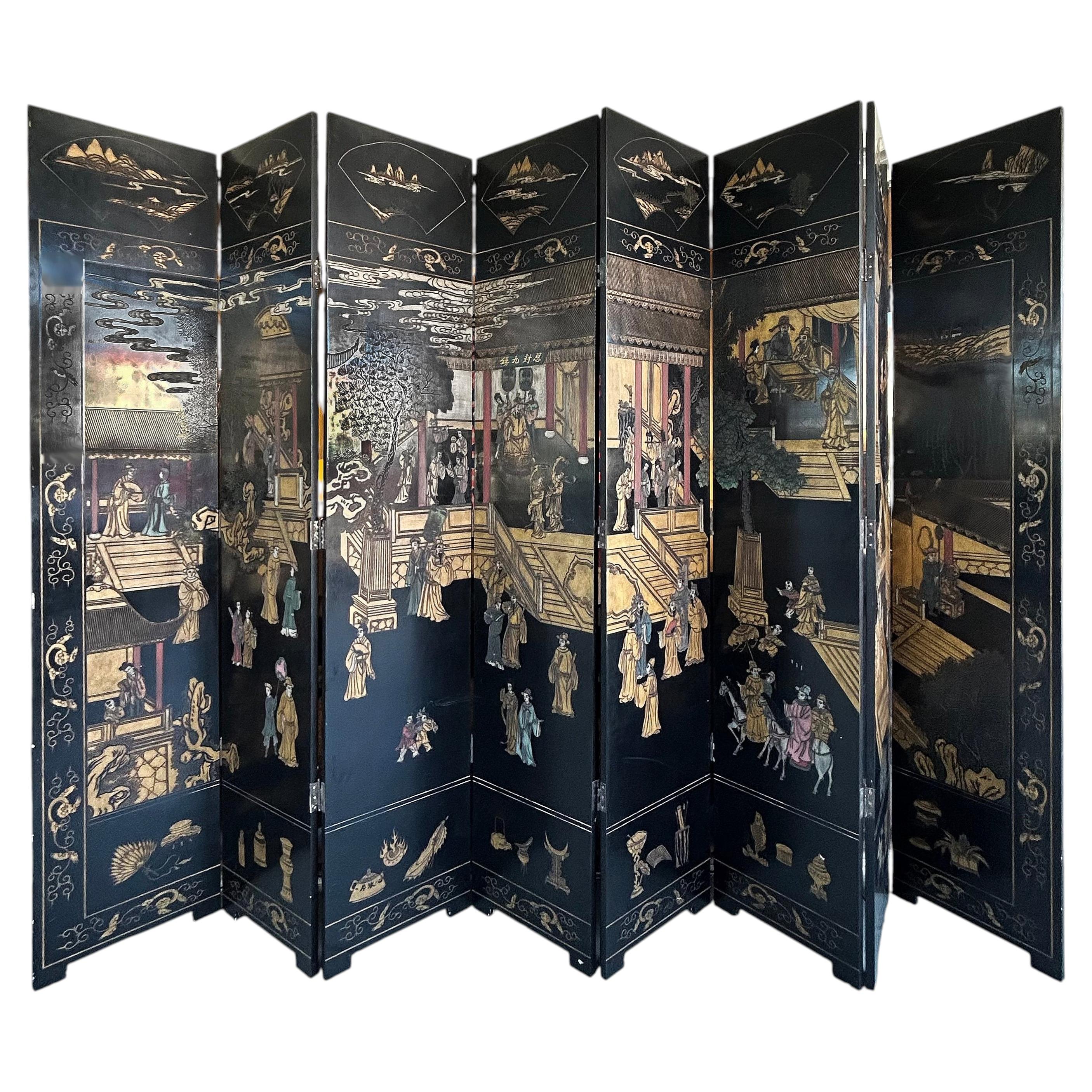 Monumental Chinese Lacquered 8-Panel Coromandel Screen Depicting Court Scenes
