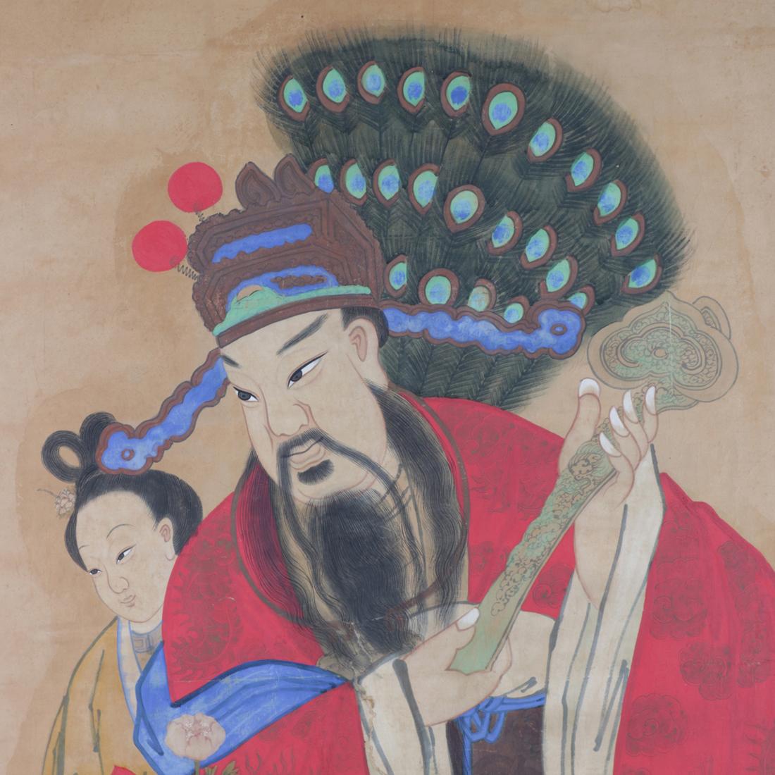 Monumental Chinese painting on paper depicts full length portrait of god or royalty with young women, chop mark signed, en verso label reads 