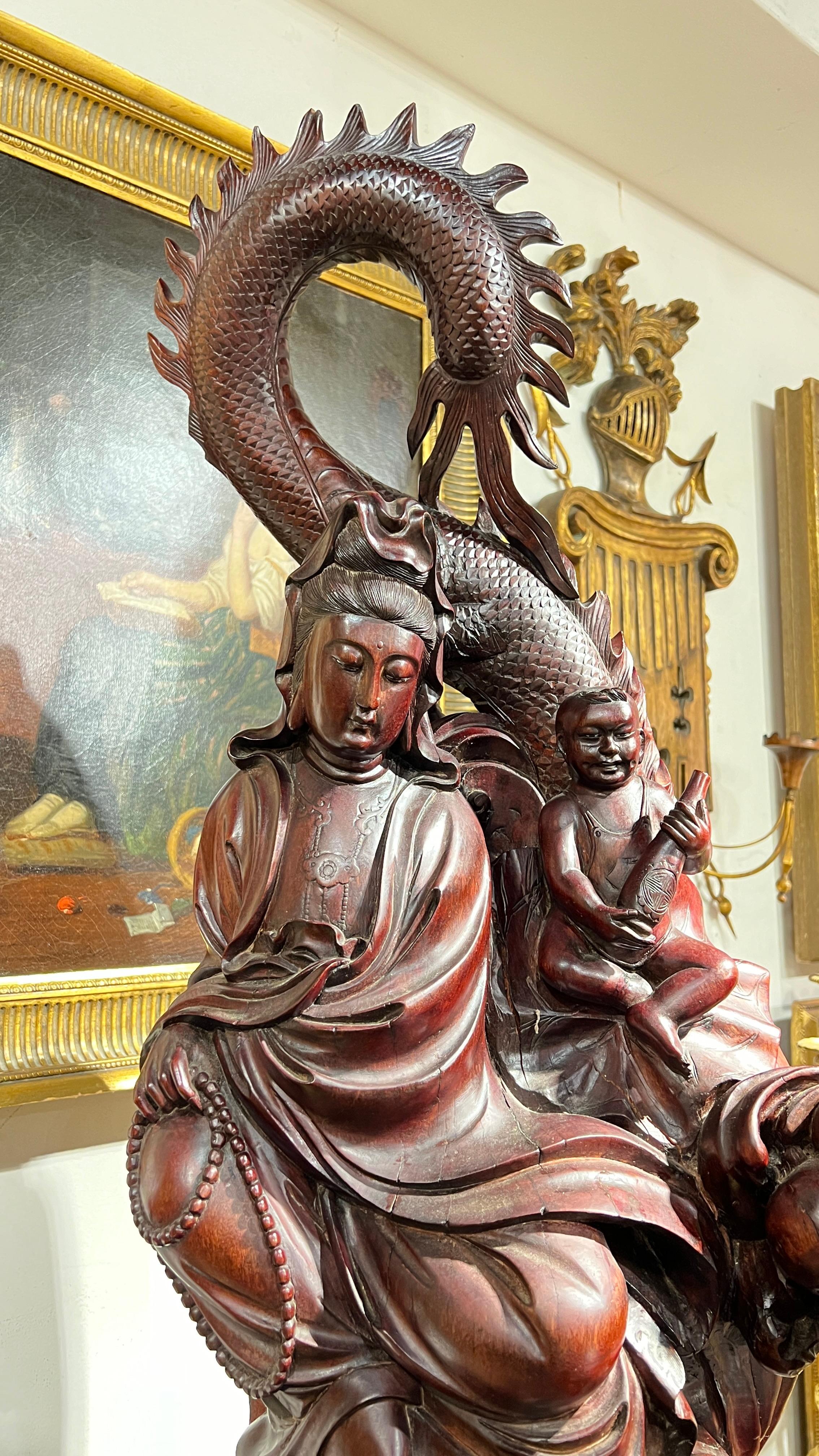 Hand-Carved Monumental Chinese Rosewood Guanyin Sculpture For Sale