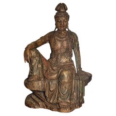 Monumental Chinese Song Dynasty Style Carved Wood & Polychrome Guanyin. 19th C.