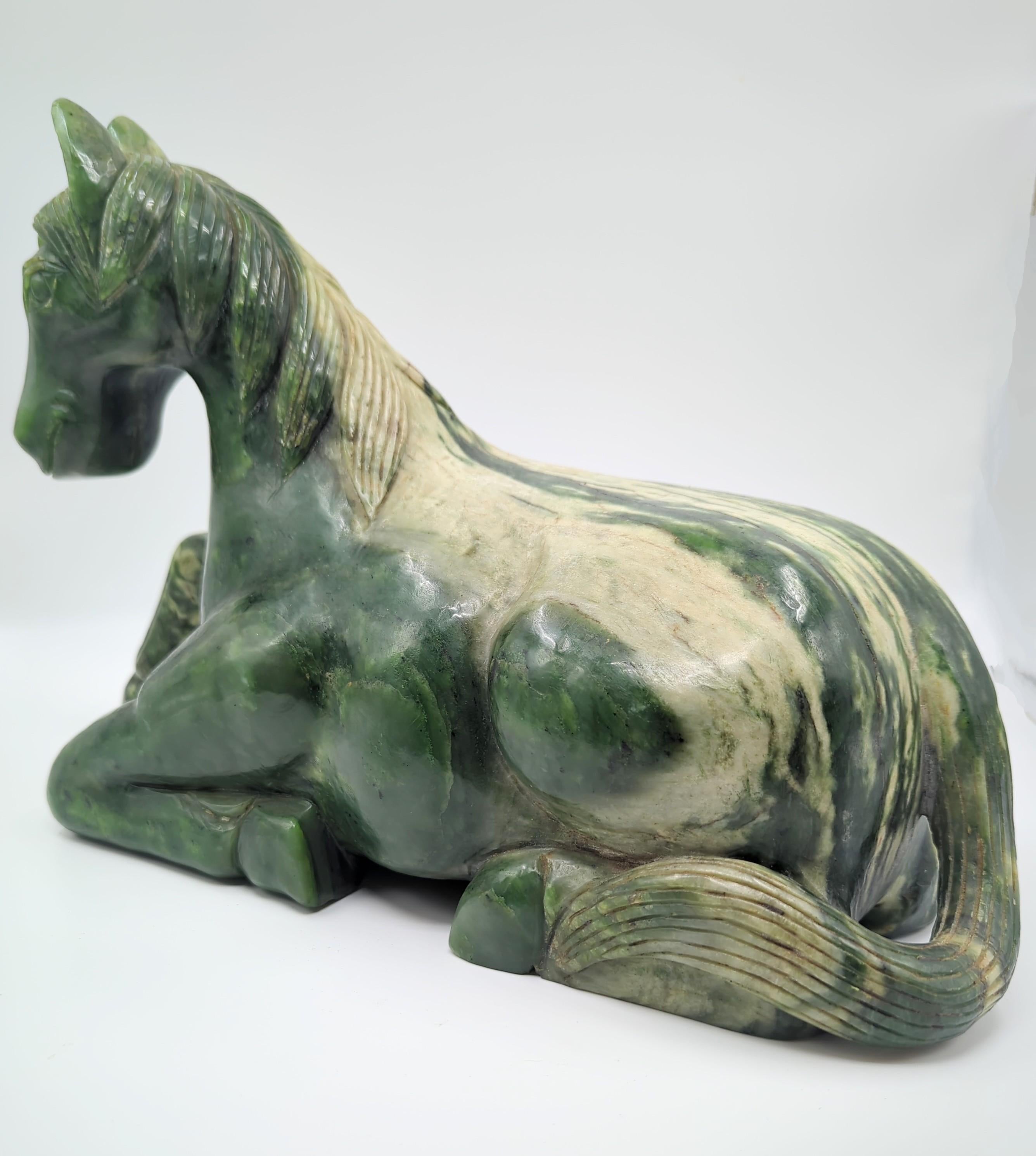 Monumental Chinese Spinach Jade Recumbent Tang Horse Rocky Variations 20th Cent. For Sale 2