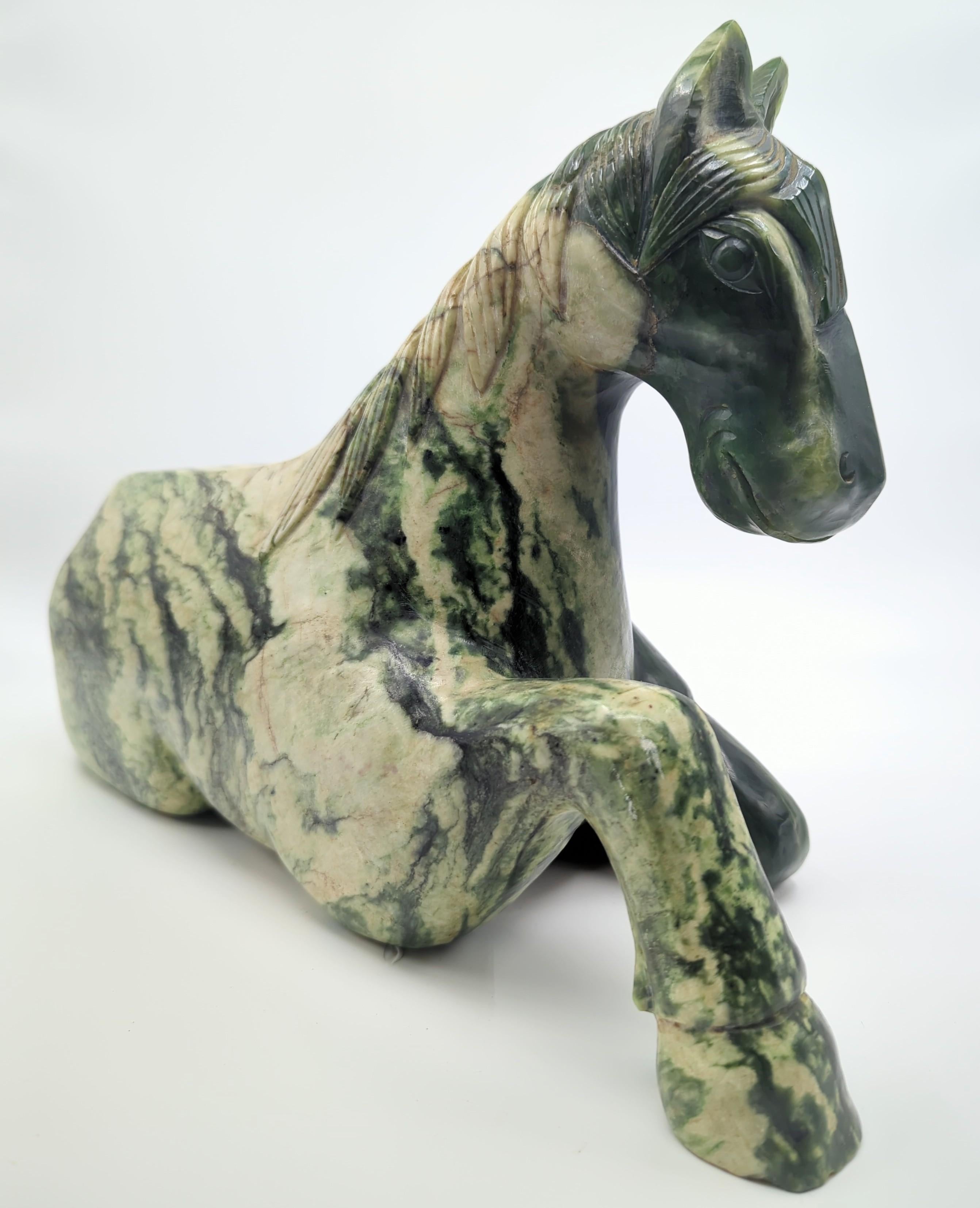 Monumental Chinese Spinach Jade Recumbent Tang Horse Rocky Variations 20th Cent. For Sale 3