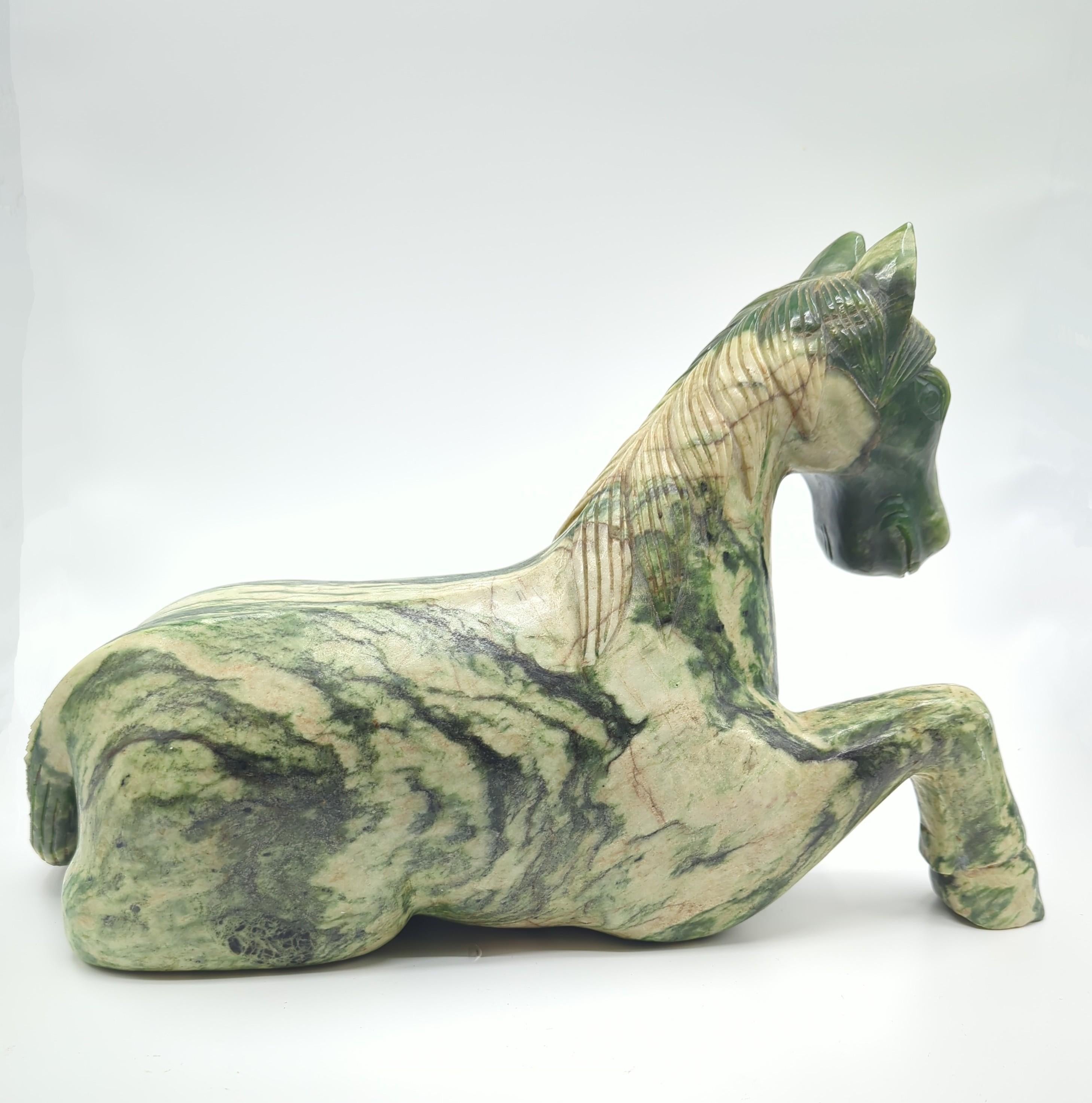 Monumental Chinese Spinach Jade Recumbent Tang Horse Rocky Variations 20th Cent. For Sale 4