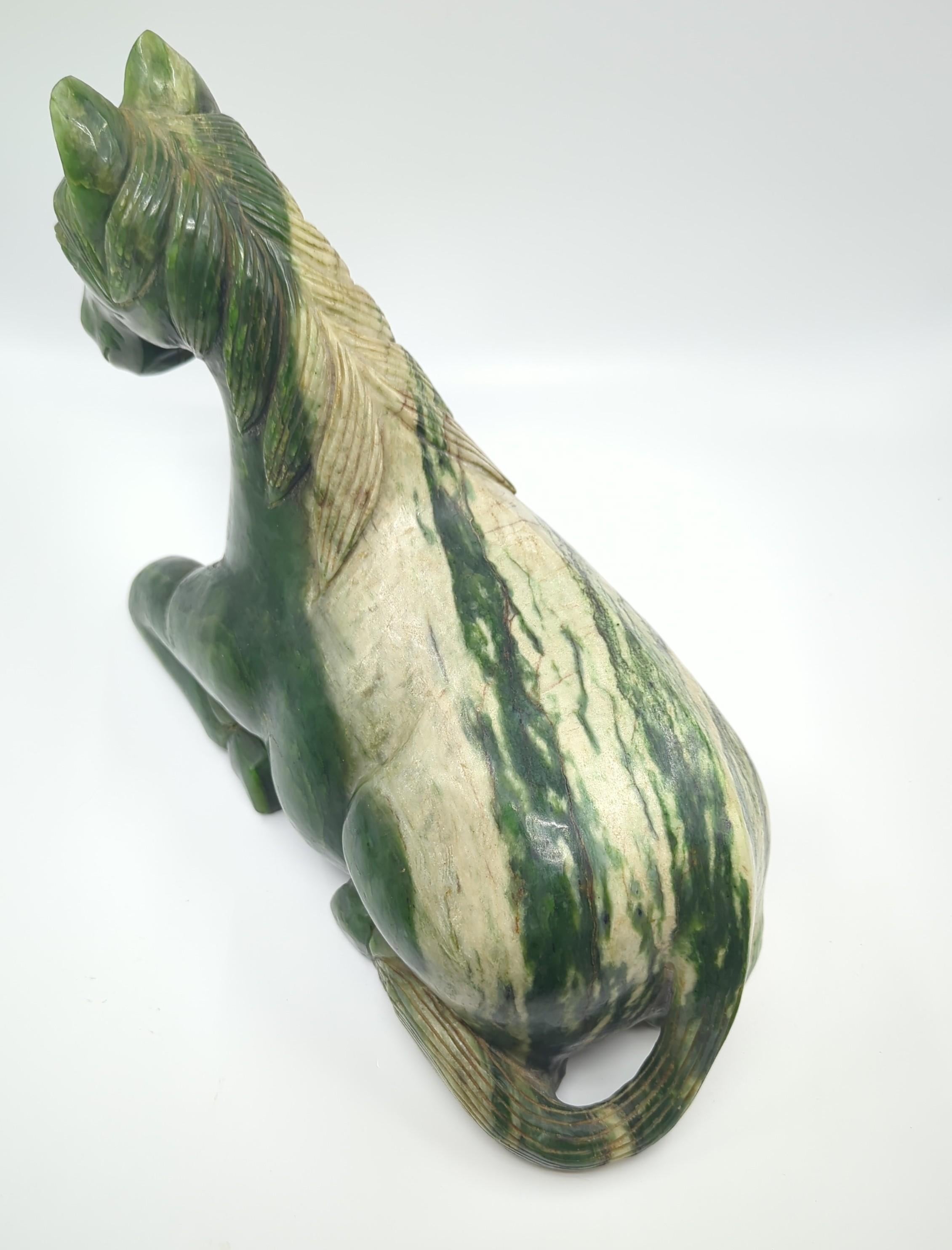 Monumental Chinese Spinach Jade Recumbent Tang Horse Rocky Variations 20th Cent. For Sale 5